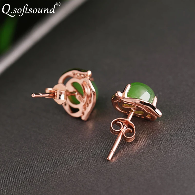 Женские серьги гвоздики с бусинами Chrysoprase белое золото/розовый золотой цвет