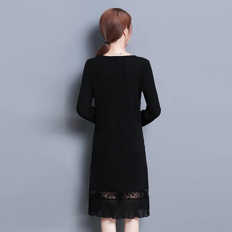 2018 Lagenlook knitting Cotton Solid Color Dress Women Autumn Plus Size Long Sleeve Fawn Sequin Embroidery Lace Stitching | Женская
