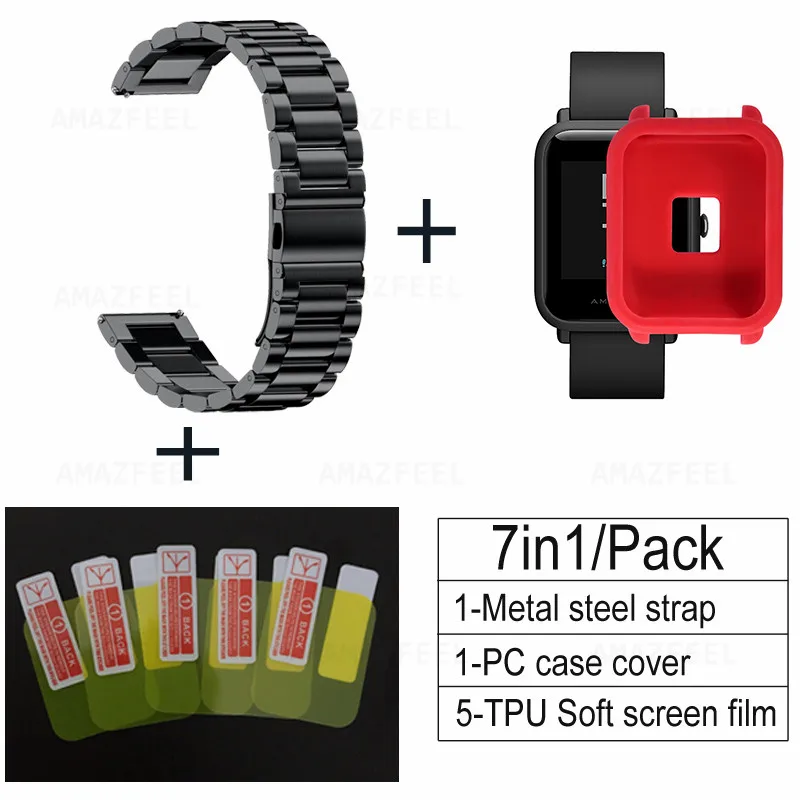 black-red soft case 7 шт./упак. ремешок для часов из нержавеющей стали для Xiaomi Huami amazfit bip Youth Metal replacment наручный защитный ремень Чехол+ пленка для экрана - Color: black-red soft case