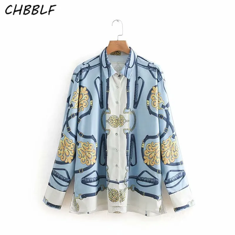 CHBBLF женская Свободная блуза с принтом цепи длинным рукавом отложным воротником