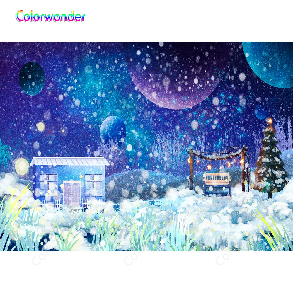 Зимний фон для фотосъемки Снежный дом Bokeh Woodland Planets Рождественский фотостудии