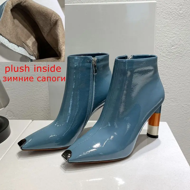 plush inside ALLBITEFO/Размеры: 36-43; пикантные женские ботинки на высоком каблуке; высококачественные женские ботильоны с металлическим носком; женская обувь на высоком каблуке; модные ботинки - Цвет: plush inside