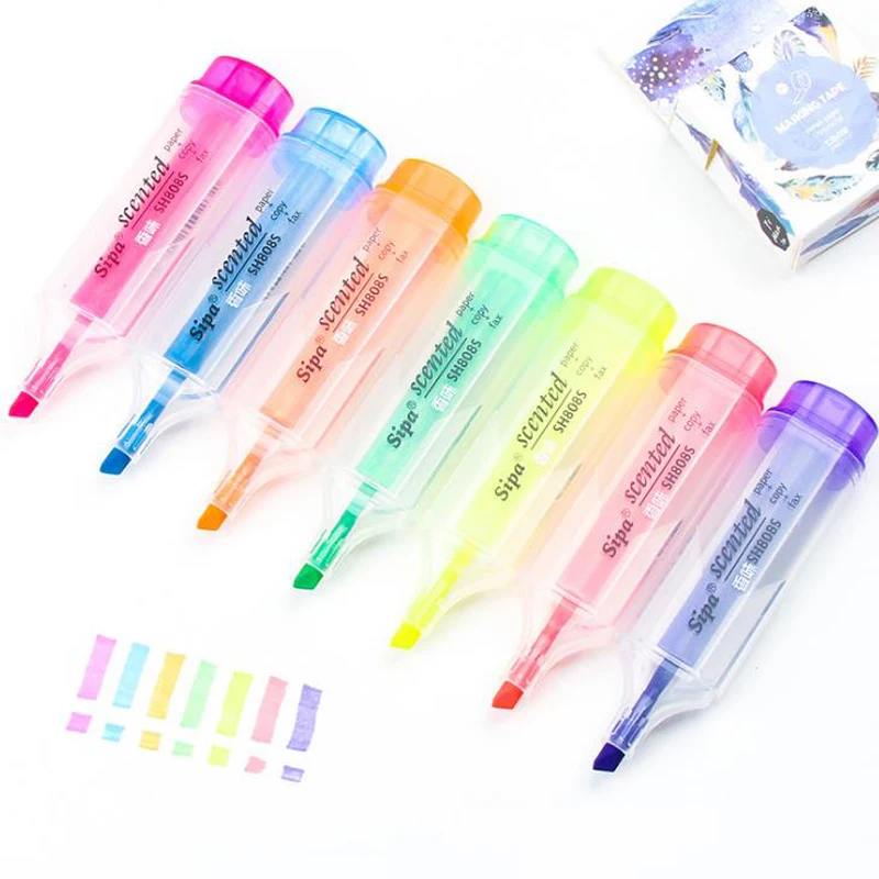 7 Pcs/set Cute Candy Color Fluorescent Highlighter Marker Pen Scented Pens for Stationery School Supplies | Канцтовары для офиса и