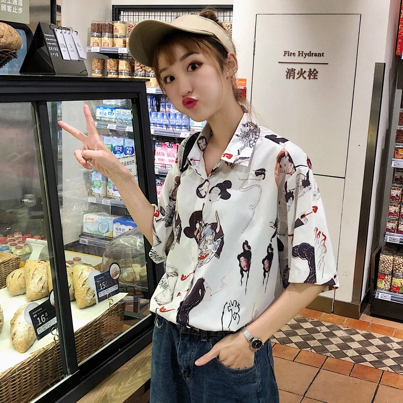 Korobov Ulzzang, женские блузки, Ретро стиль, мультяшный принт, корейские женские рубашки, короткий рукав, уличная одежда, Harajuku Blusas Mujer 77968