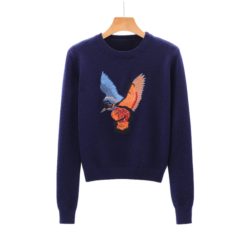 2017 Осень Зима укороченный свитер женский птица вышивка короткий Пуловеры с
