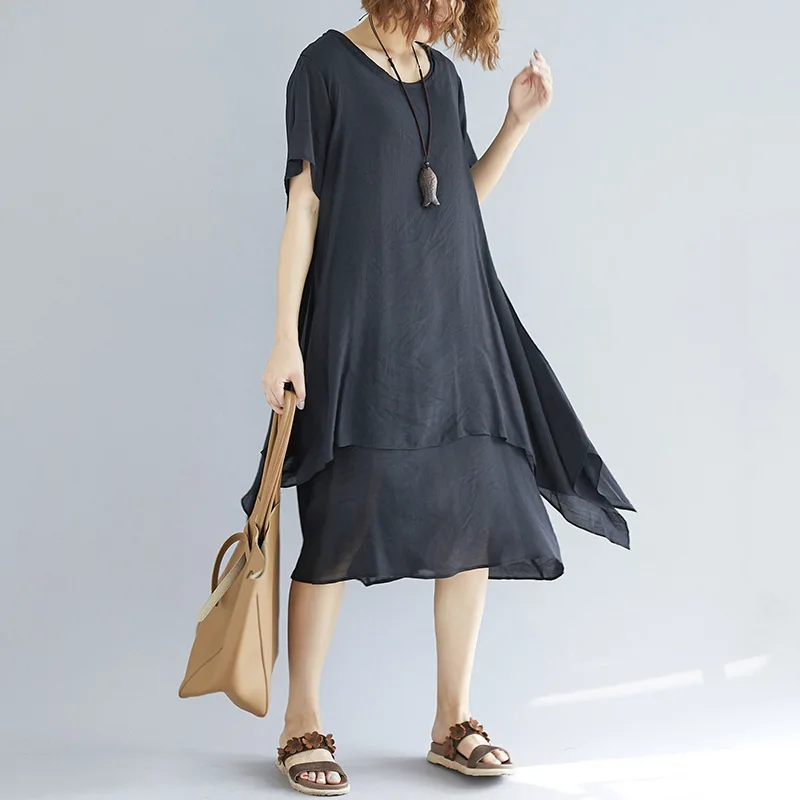 Johnature Solid Color Casual Loose Cotton Linen Dresses New 2019 Summer O-Neck Short Sleeve Irregular Ruffles Women | Женская одежда