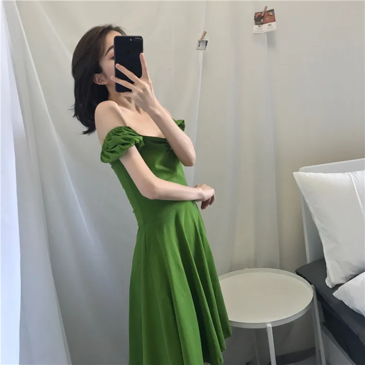 Женское винтажное платье ulzzang зеленое с воротником-лодочкой корейская мода
