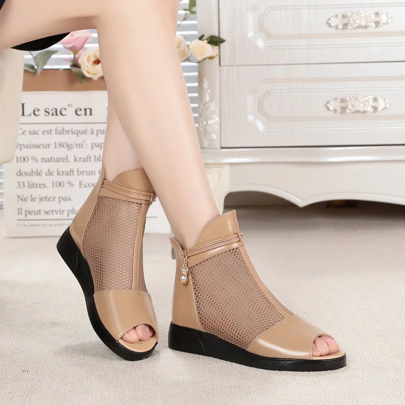 Женские сандалии из натуральной кожи крутые ботильоны на низком каблуке с