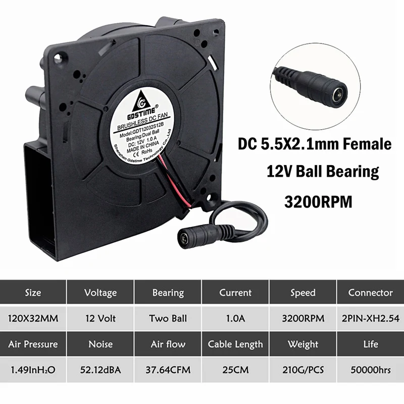 12V Ball DC Female 1 шт. Gdstime 120 мм 12 см вентилятор 5 в 12 В 24 в 48 в 110 в 115 в 220 в 240 в 120X120X32 мм шариковый компьютер радиальный турбо вентилятор охлаждения - Цвет лезвия: 12V Ball DC Female
