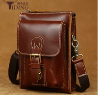 2018 new man genuine leather travel small mobile waist bags brown fashion man casual vintage cow leather crossbody bags