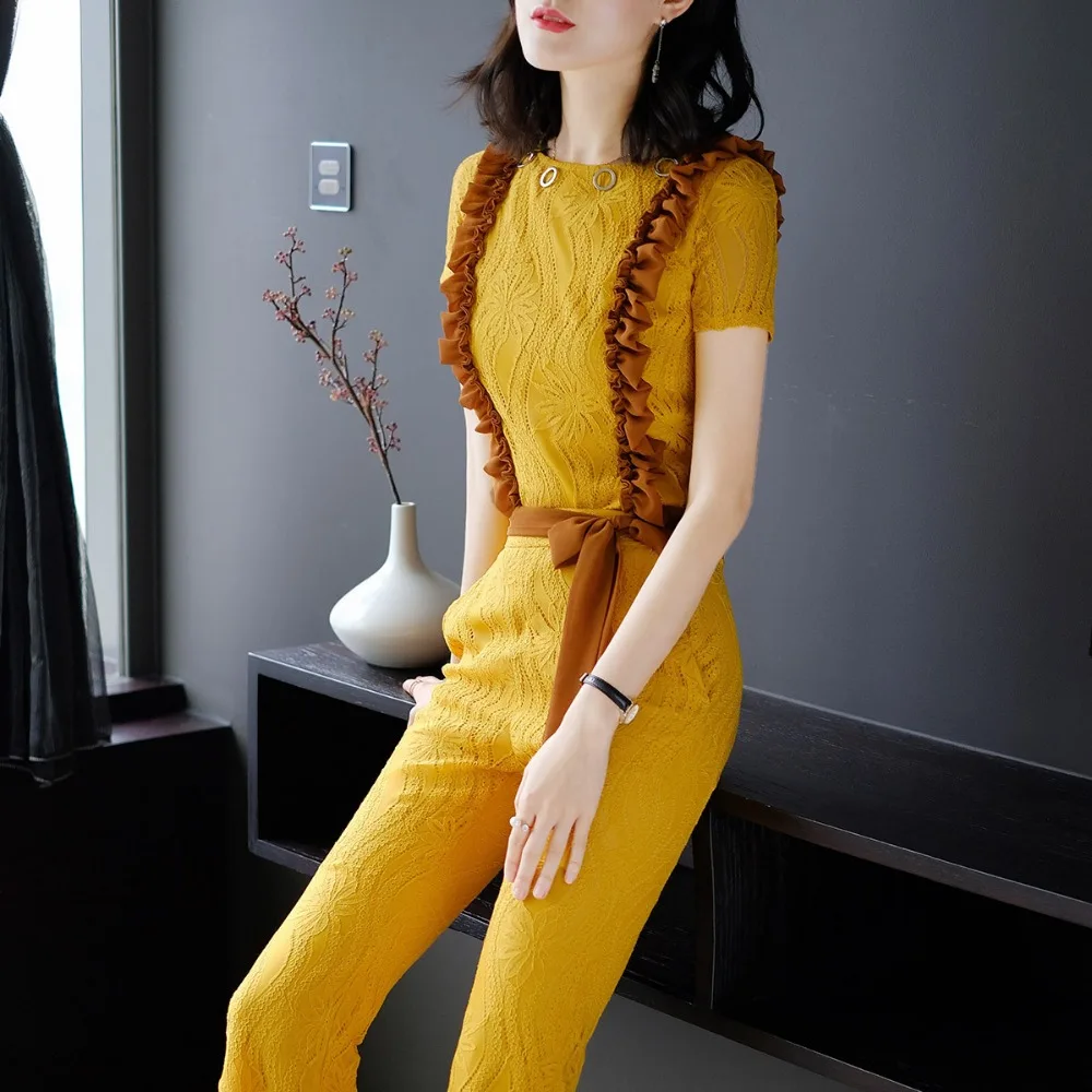 Новинка 2019 Модный комплект из двух предметов летний желтый кружевной топ и брюки