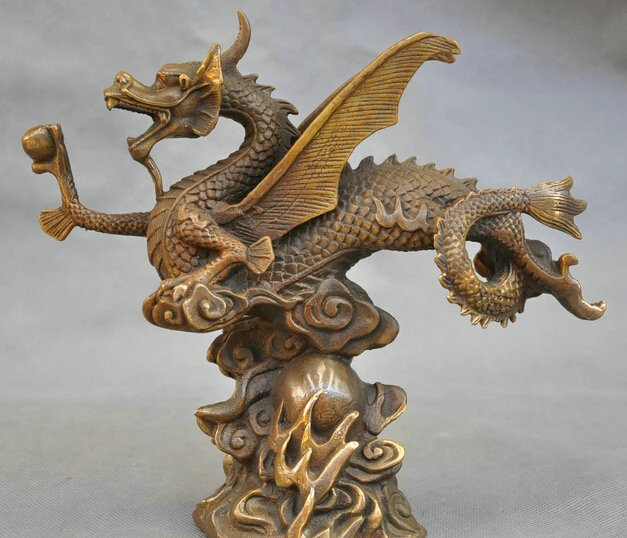 Китайская Бронзовая статуя Fengshui 10 дюймов Крылатый летающий дракон на огне облако