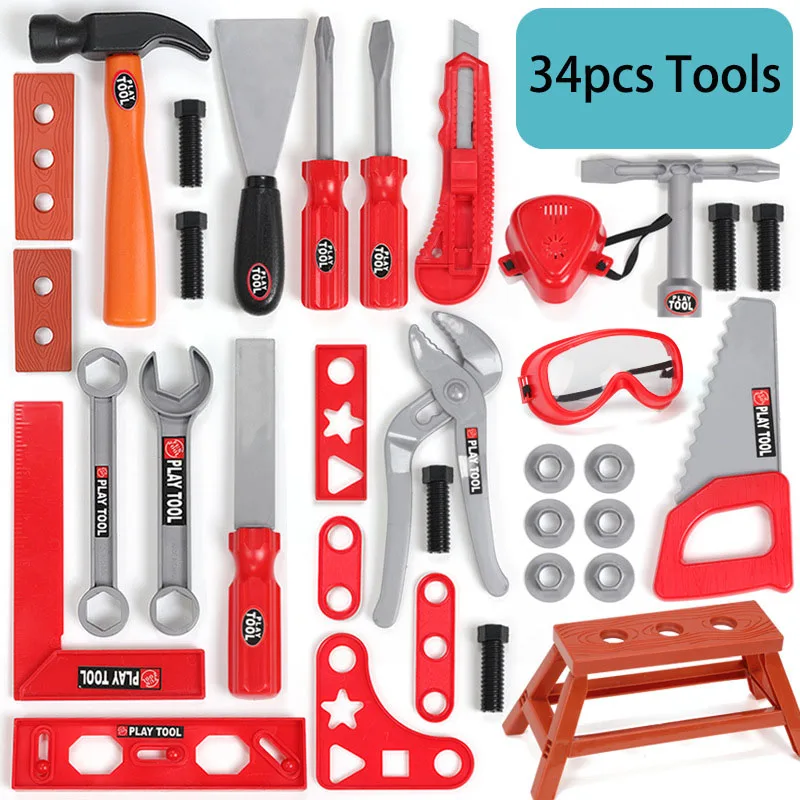 34pcs Инструменты для обслуживания детей, игрушки, инструменты для моделирования, инструменты для ремонта, пластиковые игры, Обучающие инженерные садовые игрушки для детей, ролевые игры - Цвет: 34pcs