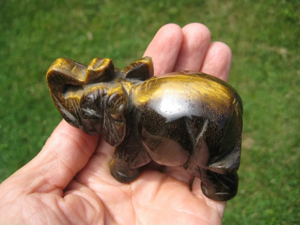 

Natural Tigers Tiger Eye Elephant Carving Statue Thailand Stone Mineral Art