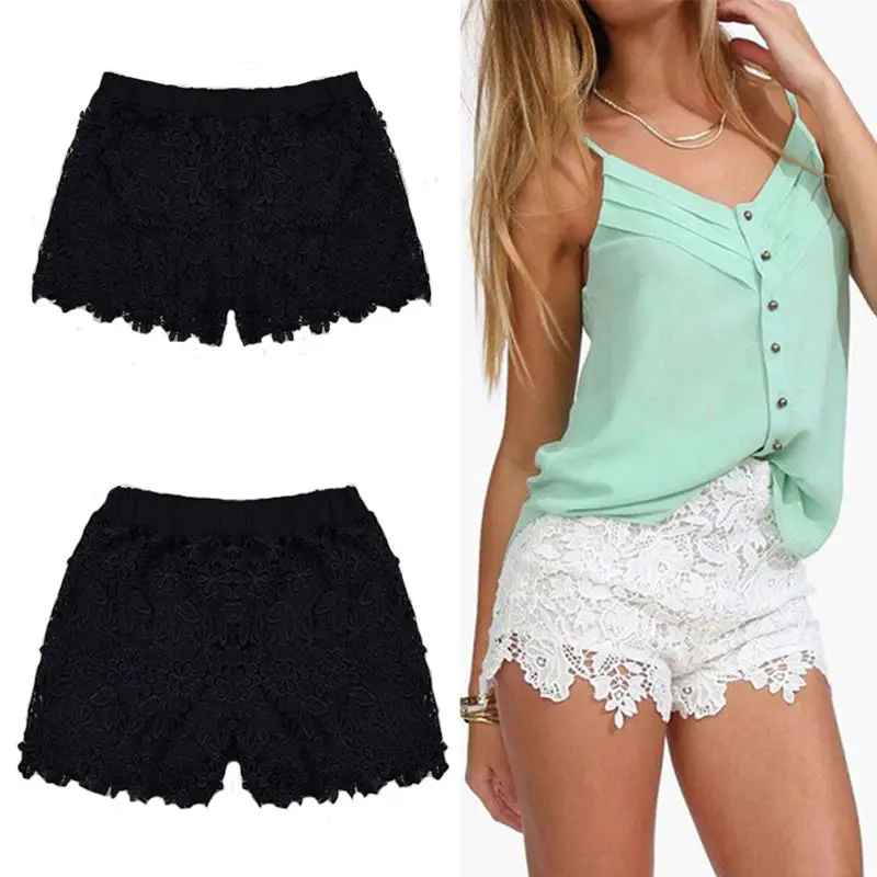 Модные женские эластичные шорты с высокой талией кружевные черные брюки новые