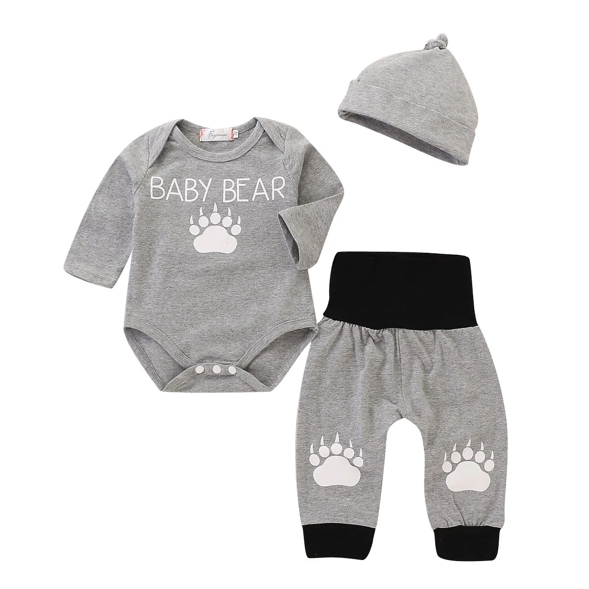 Newborn Baby's Sets Cotton Letter Cute Paw Print Long Sleeve Bodysuits + Casual Trousers Hat Kids Infant Boys 3 pcs Suits |