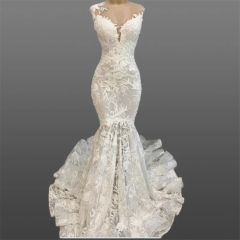 Vestido De Noiva шикарное детское платье силуэта «русалка» свадебное платье Воротник Sheer Jewel фасона «рыбий хвост» Свадебные платья настоящие фото Vestido de Noiva