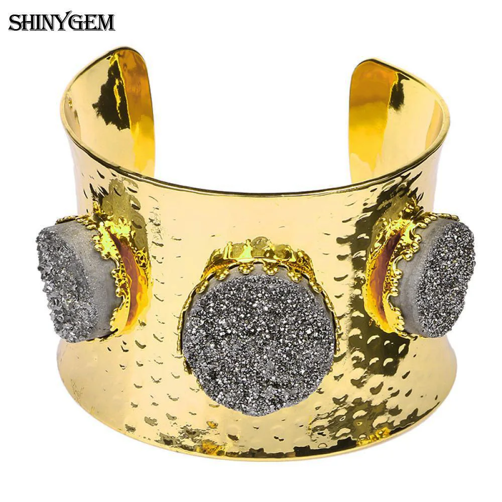Браслеты ShinyGem с большими дикими кристаллами, браслеты с натуральным друзным камнем, открытая манжета, браслет с золотым покрытием, большой браслет на запястье для женщин