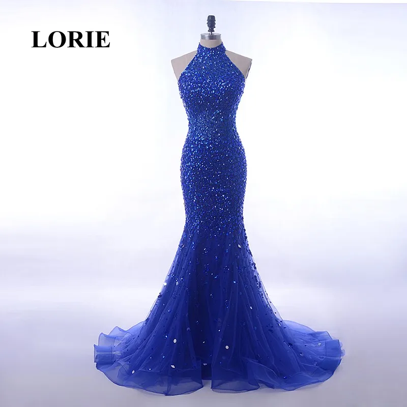 

Роскошные вечерние платья LORIE, платье с лямкой на шее, украшенное бисером, ярко-синее платье для выпускного вечера, стразы, Тюлевое вечернее ...