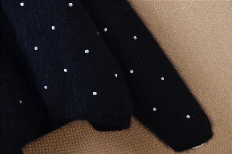 Ladies women tops black loose plush beading angora rabbit fur knitted long sleeves cardigan mantle sweater coat autumn winter |