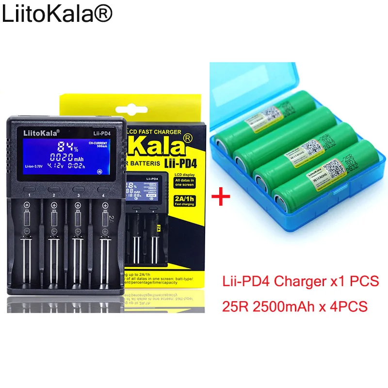 

1pcs New LiitoKala lii-PD4 LCD 3.7V 18650 21700 battery Charger+ 4pcs 3.6V 18650 INR18650-25R 2500mAh Rechargeable battery