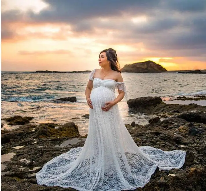 

2022 Maternity Elegant Dress Photography Props Pregnant Dress Lace Off Shoulder Ruffles Fancy Maxi Maternity Gown Lady Long Dre