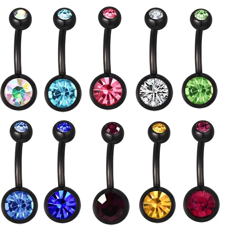 black JUNLOWPY 14 г стальные кольца для пупка CZ Gem Navel Barbells золото черный розовое золото ухо изогнутая перекладина сексуальные украшения для пирсинга тела 1 шт - Окраска металла: black