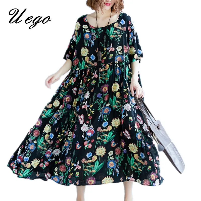 Uego Holiday Beach Casual Dress Thin Soft Cotton Linen Print Floral Plus Size 5XL 6XL Loose Summer Women Long Maxi | Женская одежда