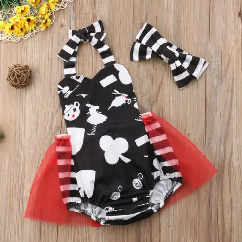 New Baby Girls Stripe Print Bodysuits Halter Tutu Tulles Princess Headband Newborn Toddler Summer One-Piece Outfit |