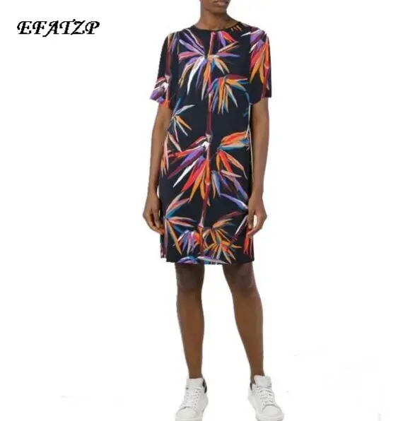 

EFATZP Новая летняя модная женская юбка с коротким рукавом красочный бамбуковый принт стрейч Джерси шелковое Повседневное платье