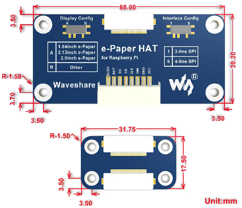 Waveshare 840*480, 7,5 дюймовый E-Ink дисплей шляпа для Raspberry Pi 2B/3B/Zero W, два цвета: черный белый, SPI интерфейс, без подсветки