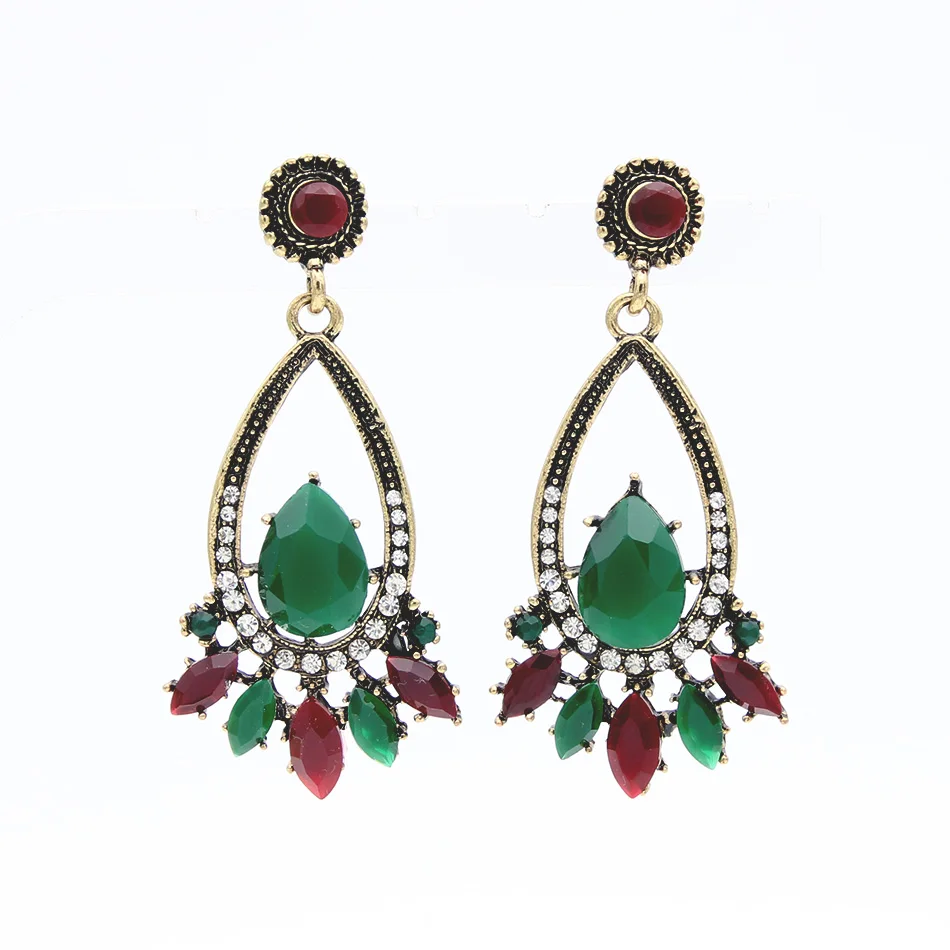 Classic Bohemia Women Green Resin Flower Long Red Dangle Earrings Antique Gold Color Arabesque Ethnic Drop Glass Earring Bijoux | Украшения