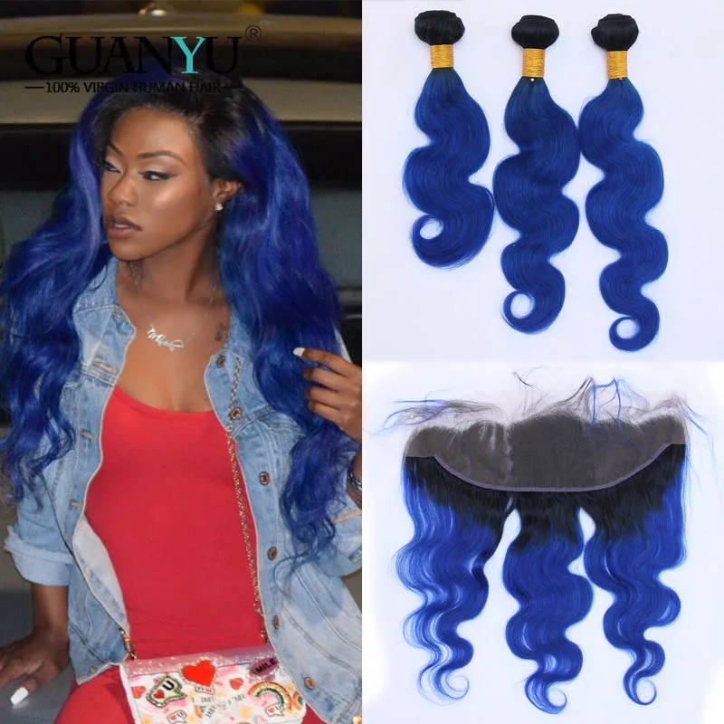 Guanyuhair Ombre # 1B/синий 3 Связки с 13x4 синтетический Frontal шнурка волос синтетическое