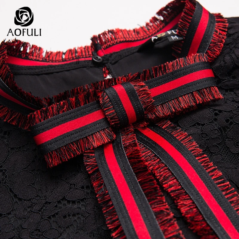 AOFULI Для женщин модное кружевное платье с бантом длинными рукавами на весну