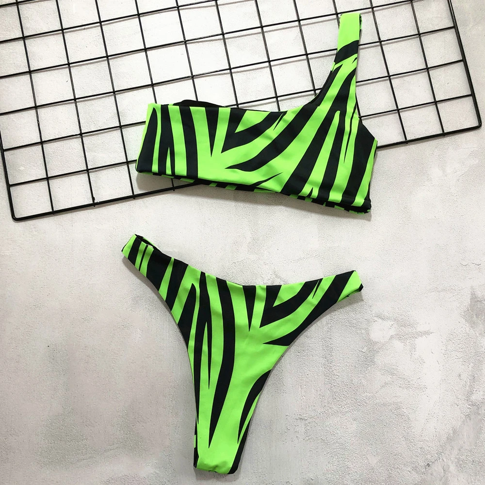 Женский купальник в полоску с принтом зебры бикини на одно плечо сексуальные