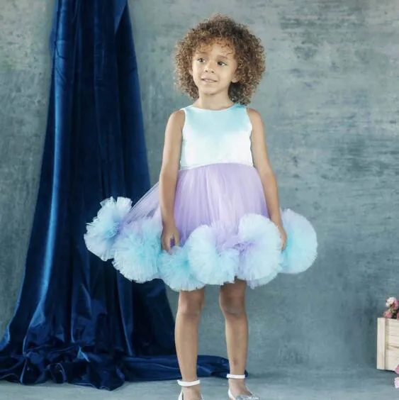 Short Puffy tulle Ruffles purple and blue flower girl dresses for dancing party Christmas ball gown kids baby birthday | Детская одежда