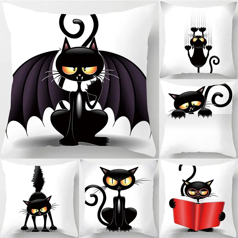 Halloween Demon Cat Cushion Cover Halloween Black Cat Throw Pillow Case Halloween Printing Decorative Pillowcase Cushion Cover