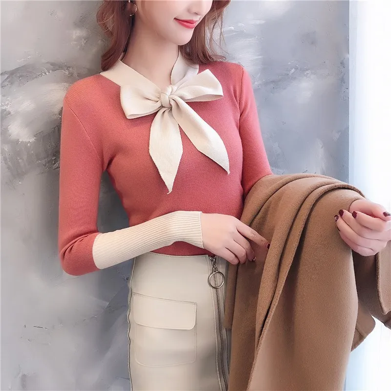 Women Long Sleeve Bow Sweater Fashion 2019 Korean Ruffled Collar Pullover Female Slim Knitted | Женская одежда