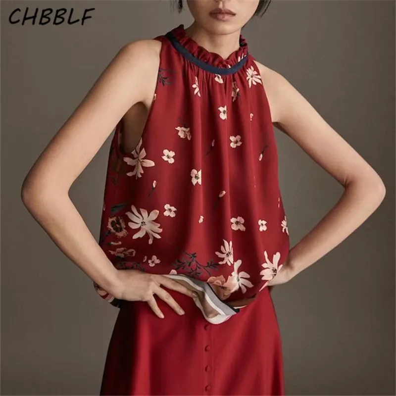 

CHBBLF женская блузка с цветочным принтом и оборками на шее, без рукавов, с бантом сзади, рубашки, женские шикарные летние модные топы O8983