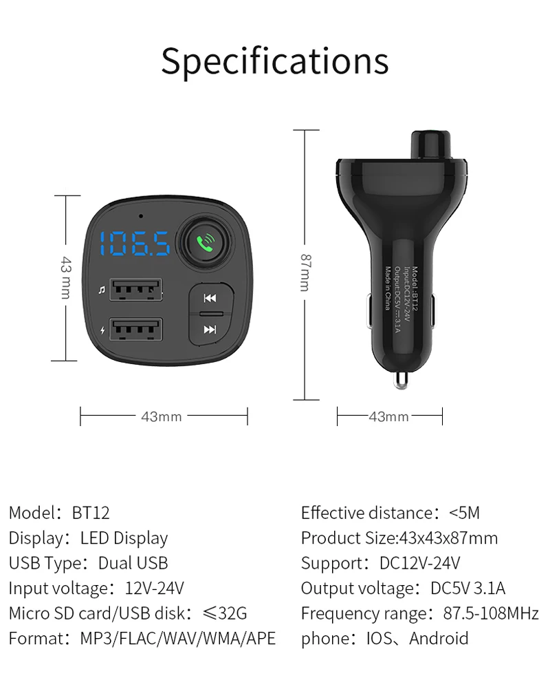 Bluetooth 4,2 Fm передатчик автомобильный комплект громкой связи беспроводной Авто MP3 плееры Quick Charge QC3.0 USB зарядное устройство радио модулятор