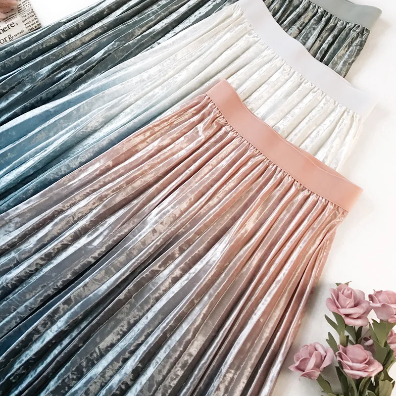 

Bella Velvet Pleated skirt women party skirts A-Line Long Faldas Mujer midi Saias winter warm plus size bottoms shiny soft