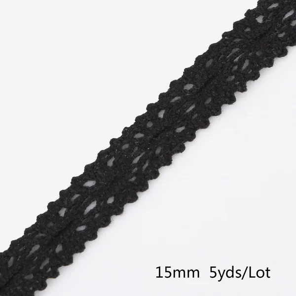 Black 15mm Разные размеры, 5 ярдов, ткань для одежды, сделай сам, белая слоновая кость, кремовая, черная отделка, хлопковая кружевная лента, аксессуары ручной работы, товары для шитья и рукоделия - Цвет: Black 15mm