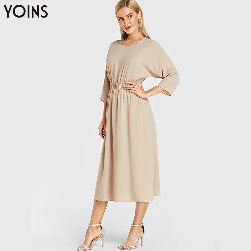 YOINS 2019 лето осень новое женское платье винтажное средней длины с круглым вырезом