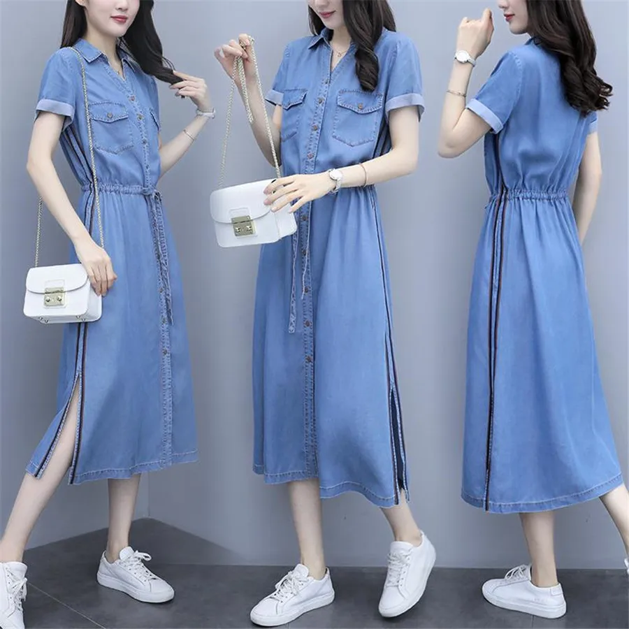 Джинсовое длинное платье рубашка повседневное Плиссированное Платье из мягкой