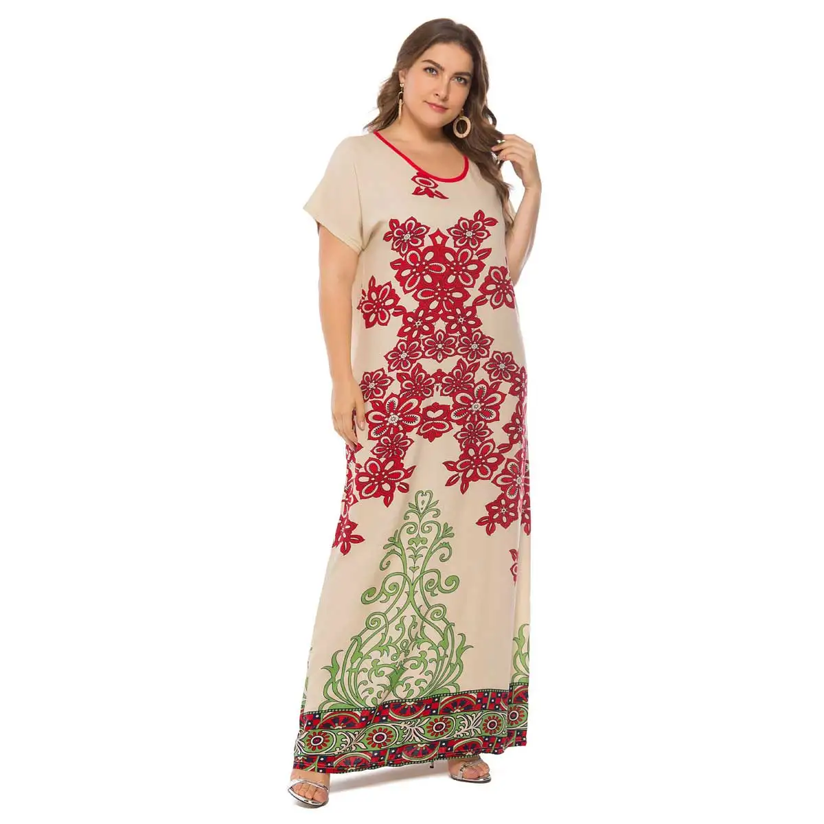 Women Muslim Abaya Maxi Dress Summer Floral Print Loose Bohemian Short Sleeve Kaftan Arab Dressing Gown Jubah Islamic Clothing |