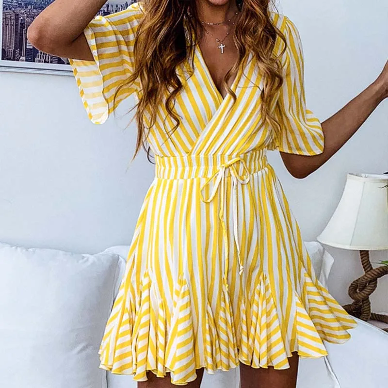 

Vintage Striped Women's Dresses 2019 Summer V-Neck Ruffle Cotton Sexy Short Dress Casual Female Party Dress Vestido Festa