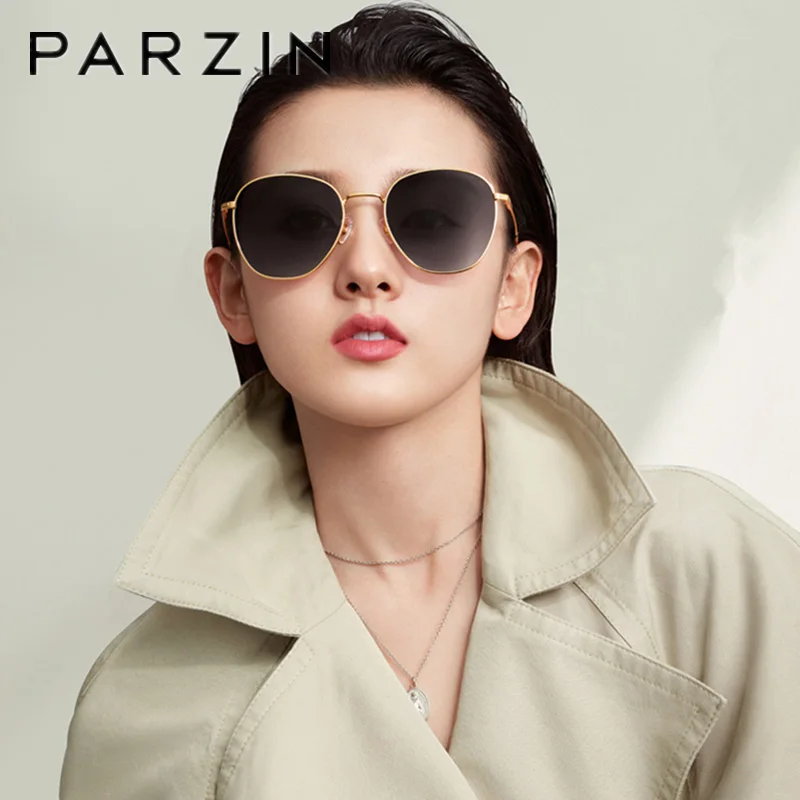 PARZIN, солнцезащитные очки для женщин, фирменный дизайн, Ретро стиль, металл, Roun, солнцезащитные очки для женщин, качественные нейлоновые линзы, UV 400, оттенки 8202 - Цвет линз: Gold Grey