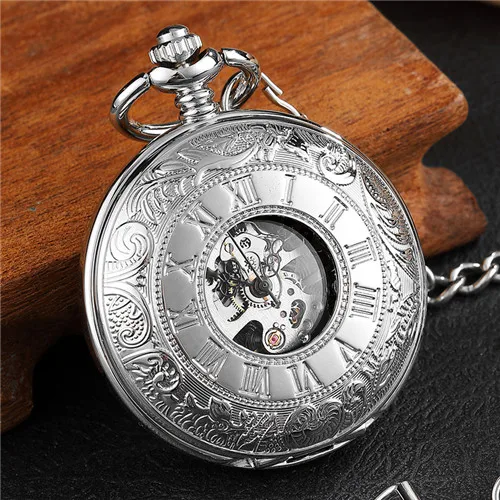 Roman Silver Черные полностью стальные светящиеся Механические карманные часы винтажный, с отверстиями, в стиле стимпанк аналоговые скелетоны Механические карманные часы с ручным заводом - Цвет: Roman Silver
