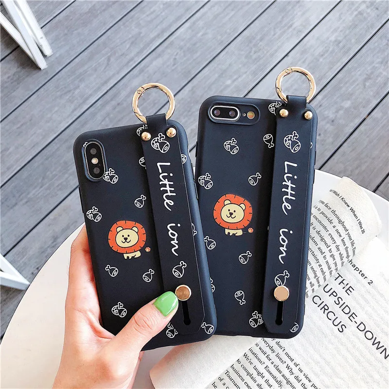 cute cartoon lion wrist strap Kickstand IMD black soft shell mobile phone bag For Apple iphone 6 6s 7 8 Plus X XS XR MAX case |