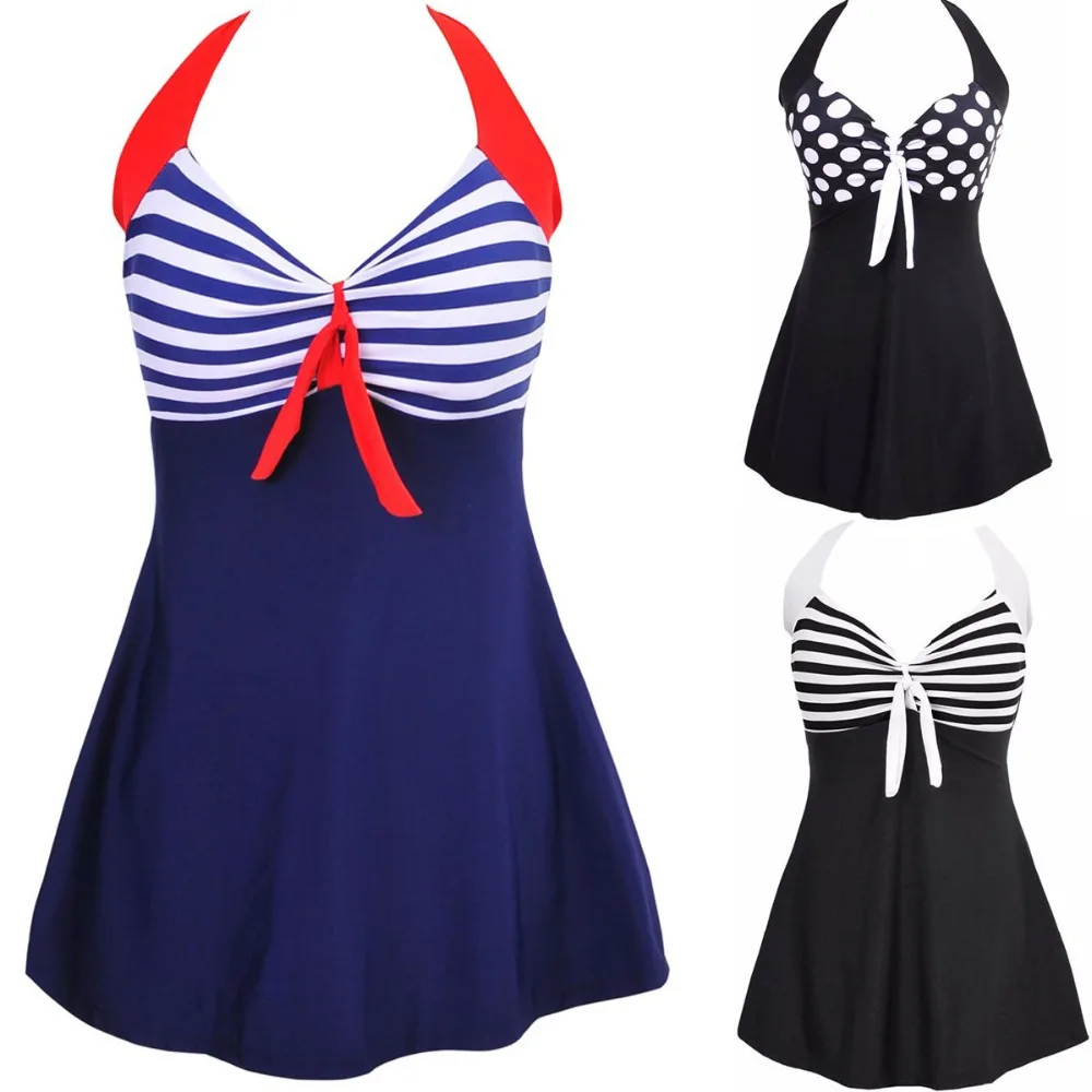 Sexy Plus Size Stripe Padded Halter Skirt Swimwear Women One Piece Suits Swimsuit Beachwear Bathing Suit Dress M To 4XL | Спорт и